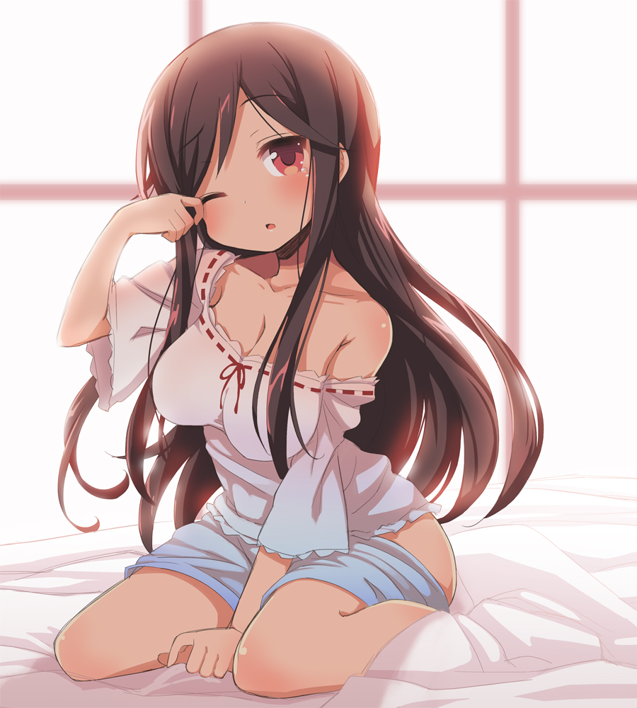 :o a_channel bed black_hair blush breasts chihaya_72 cleavage large_breasts long_hair looking_at_viewer nishi_yuuko off_shoulder one_eye_closed red_eyes ribbon-trimmed_clothes ribbon_trim rubbing_eyes sitting sleepy solo tears waking_up wariza