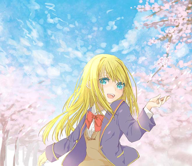 blonde_hair blue_eyes cherry_blossoms chloe_lemaire girlfriend_(kari) outdoors solo umebayashi_saki upper_body