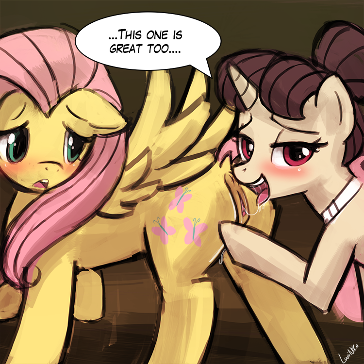 anus blush clitoris cunnilingus cutie_mark duo english_text equine female female/female feral fluttershy_(mlp) friendship_is_magic fur hair half-closed_eyes horn horse looking_at_viewer looking_back lumineko mammal my_little_pony oral pegasus pink_hair pony pussy pussy_juice pussy_juice_string sex simple_background sugar_belle_(mlp) text unicorn vaginal wings yellow_fur