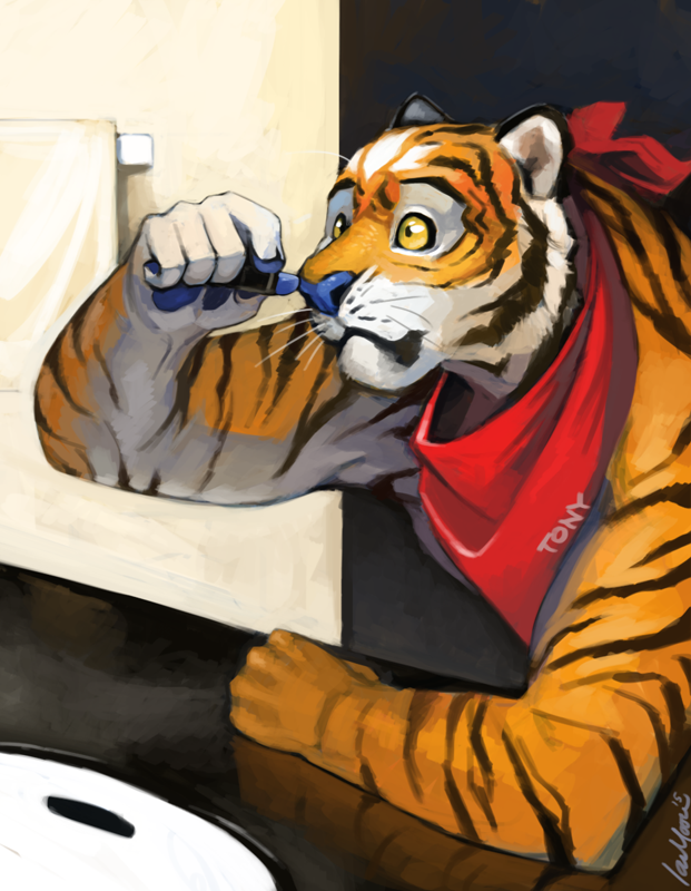 2015 anthro bathroom blue_nose cosplay costume english_text feline fur lipstick male mammal orange_fur scarf stripes text tiger tony_the_tiger trunorth whiskers