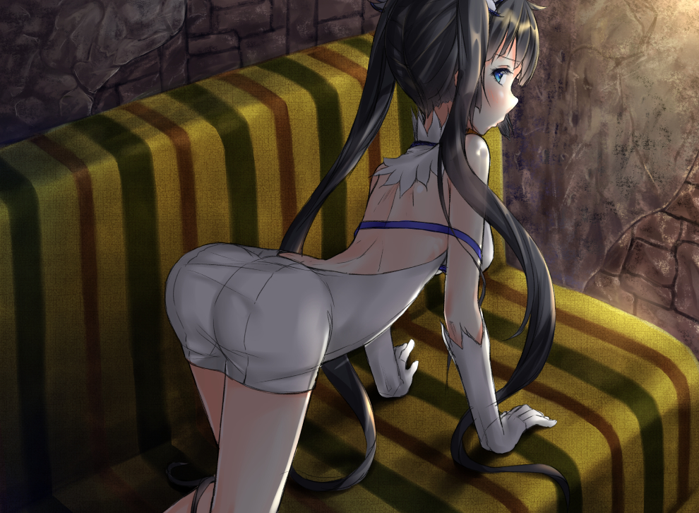 all_fours ass back backless_outfit black_hair blue_eyes blush bow breasts couch dress dungeon_ni_deai_wo_motomeru_no_wa_machigatteiru_darou_ka elbow_gloves from_behind gloves hair_ornament hair_ribbon hestia_(danmachi) hypertan long_hair looking_at_viewer looking_back medium_breasts on_couch rei_no_himo ribbon short_dress solo twintails wall white_dress white_gloves
