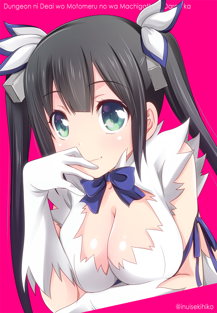 black_hair blue_ribbon blush bow breasts cleavage cleavage_cutout dress dungeon_ni_deai_wo_motomeru_no_wa_machigatteiru_darou_ka gloves green_eyes hair_ornament hand_on_own_face hand_to_own_mouth hestia_(danmachi) inui_sekihiko large_breasts long_hair pink_background rei_no_himo ribbon short_dress simple_background smile solo twintails white_dress white_gloves