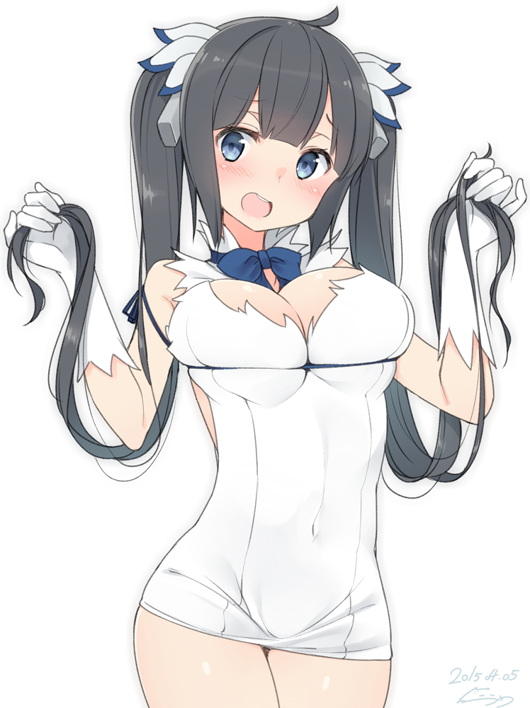 bad_id bad_pixiv_id black_hair blue_eyes blue_ribbon blush bow breasts cleavage cleavage_cutout covered_navel dress dungeon_ni_deai_wo_motomeru_no_wa_machigatteiru_darou_ka gloves hair_ornament hestia_(danmachi) holding holding_hair large_breasts long_hair looking_at_viewer nekoume open_mouth rei_no_himo ribbon short_dress simple_background solo twintails white_background white_dress white_gloves