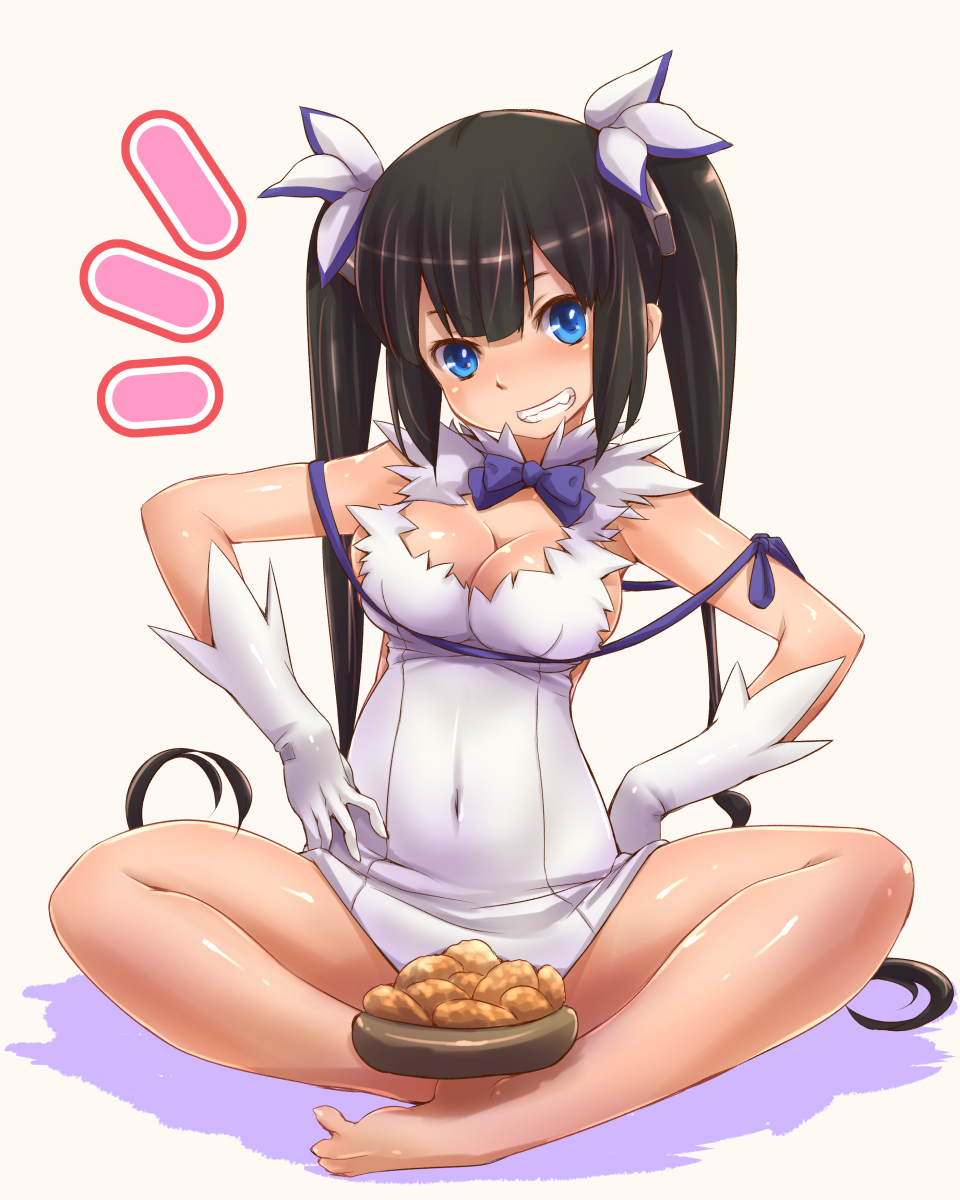 barefoot black_hair blue_eyes blue_ribbon breasts cleavage clenched_teeth covered_navel croquette dungeon_ni_deai_wo_motomeru_no_wa_machigatteiru_darou_ka food gloves hash_browns hestia_(danmachi) highres indian_style large_breasts long_hair potato rei_no_himo ribbon sitting smile solo teeth tsukigami_chronica twintails white_gloves