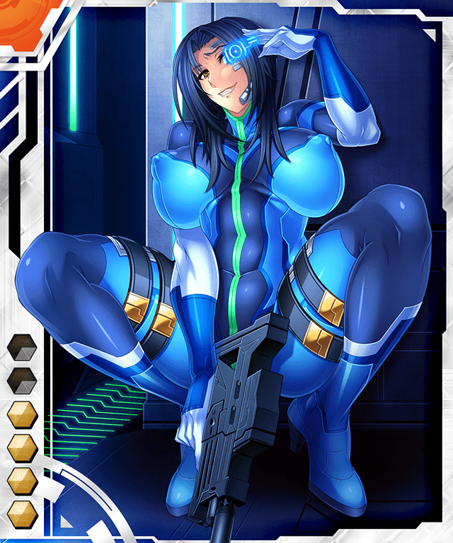 1girl asagiri blue_hair bodysuit breasts brown_eyes eo_orion huge_breasts rifle smile taimanin_asagi taimanin_asagi_battle_arena visor weapon