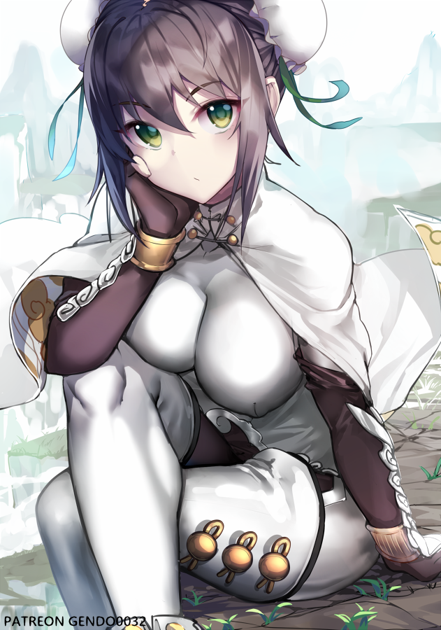 1girl arm_support black_hair blush bodysuit breasts brown_hair bun_cover chin_rest chinese_clothes commentary_request double_bun fate/grand_order fate_(series) fingerless_gloves gendo0032 gloves green_eyes legs_crossed looking_at_viewer medium_breasts patreon_username qin_liangyu_(fate) sitting solo