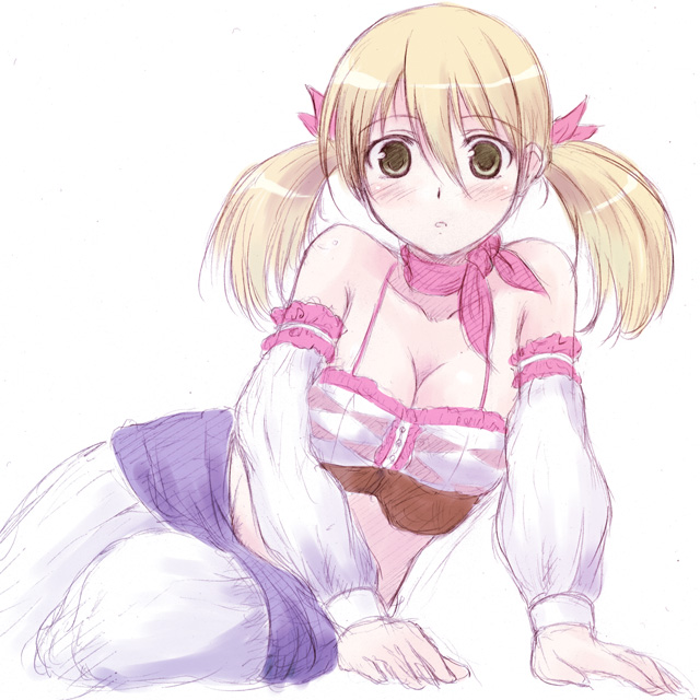 arm_support atelier_(series) atelier_rorona bare_shoulders blonde_hair blush breasts cleavage collarbone detached_sleeves green_eyes hair_ribbon kusaka_maichi large_breasts lionela_heinze long_sleeves looking_at_viewer midriff parted_lips ribbon scarf sketch solo twintails white_background white_sleeves