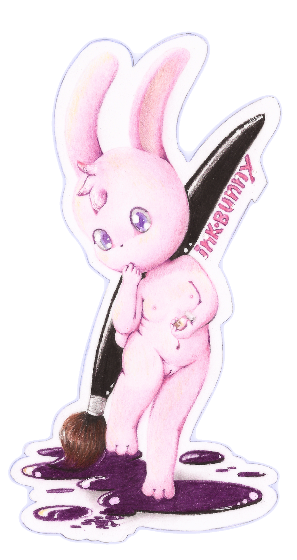 female inkbunny lagomorph mammal navel nitrousoxide nude paintbrush pussy rabbit solo standing traditional_media_(artwork) young
