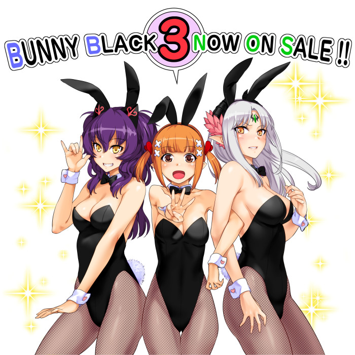 :d \m/ animal_ears bangs bare_shoulders benimura_karu bow breasts brown_eyes brown_hair bunny_black bunny_black_3 bunny_ears bunny_girl bunny_tail bunnysuit cleavage contrapposto copyright_name detached_collar facial_mark fake_animal_ears fishnet_pantyhose fishnets forehead_mark girl_sandwich grin hair_ornament hairband horns kozelotte large_breasts locked_arms long_hair mcdougal_(bunny_black) medium_breasts multiple_girls open_mouth pantyhose parted_bangs pointy_ears purple_hair release_date sandwiched short_hair short_twintails silver_hair simple_background smile sofia_(bunny_black) sparkle standing tail twintails w white_background wrist_cuffs yellow_eyes