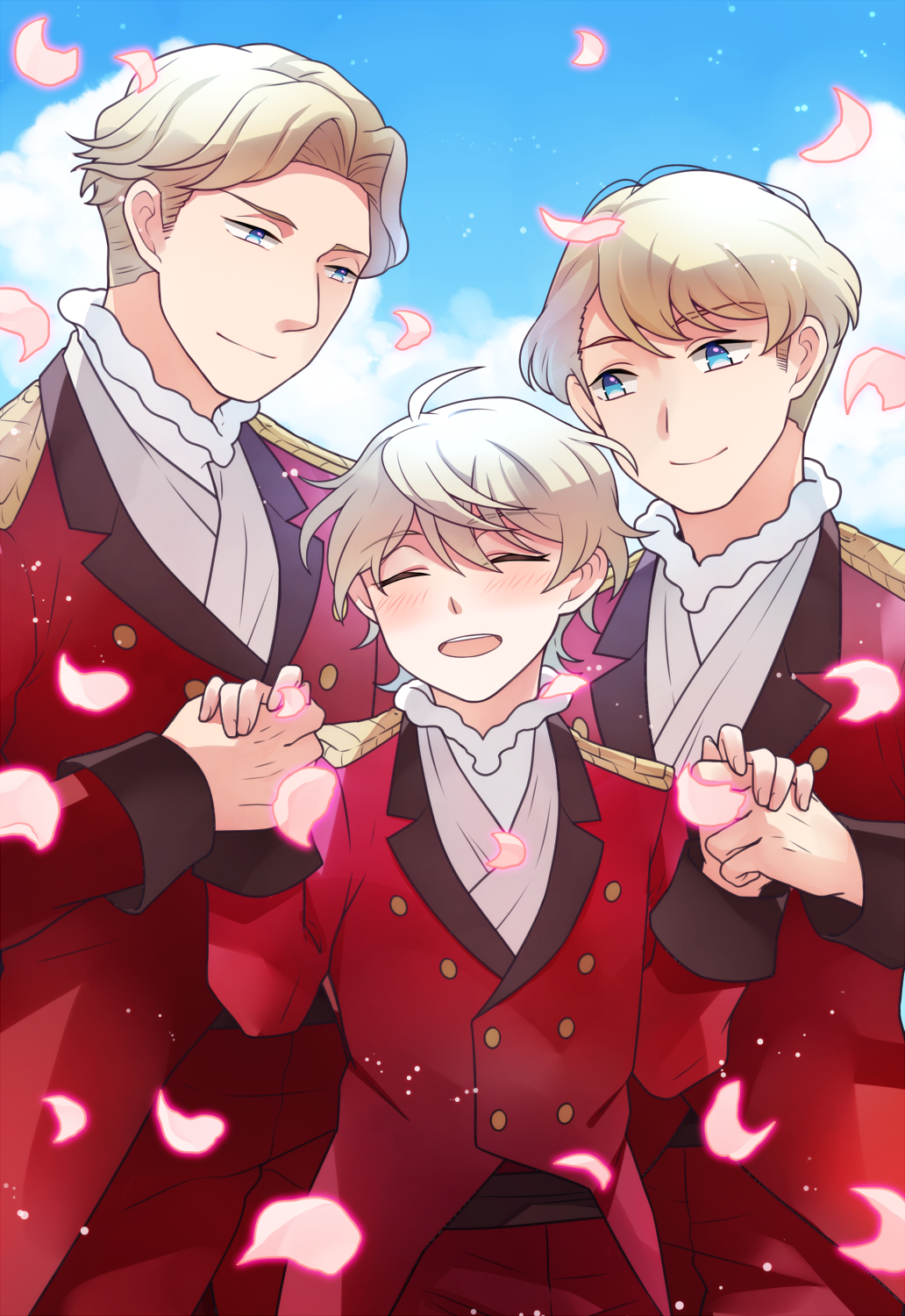 aldnoah.zero blonde_hair blue_eyes cruhteo highres klancain male_focus multiple_boys petals silver_hair slaine_troyard zozakura