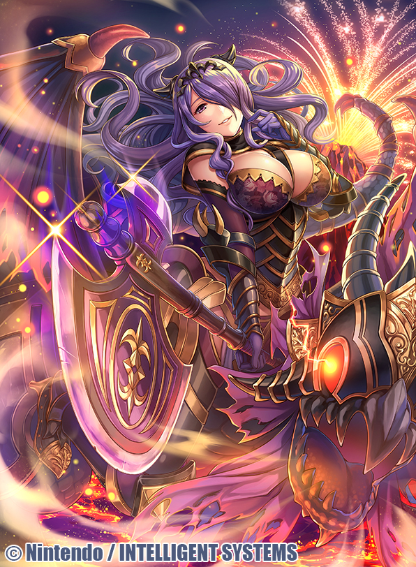 1girl armor axe breasts camilla_(fire_emblem_if) cleavage company_name elbow_gloves fire fire_emblem fire_emblem_cipher fire_emblem_if fumi_(butakotai) glint gloves hair_over_one_eye holding holding_axe large_breasts long_hair looking_at_viewer nintendo official_art open_mouth purple_eyes purple_gloves purple_hair red_eyes smile solo tiara very_long_hair watermark wavy_hair wings