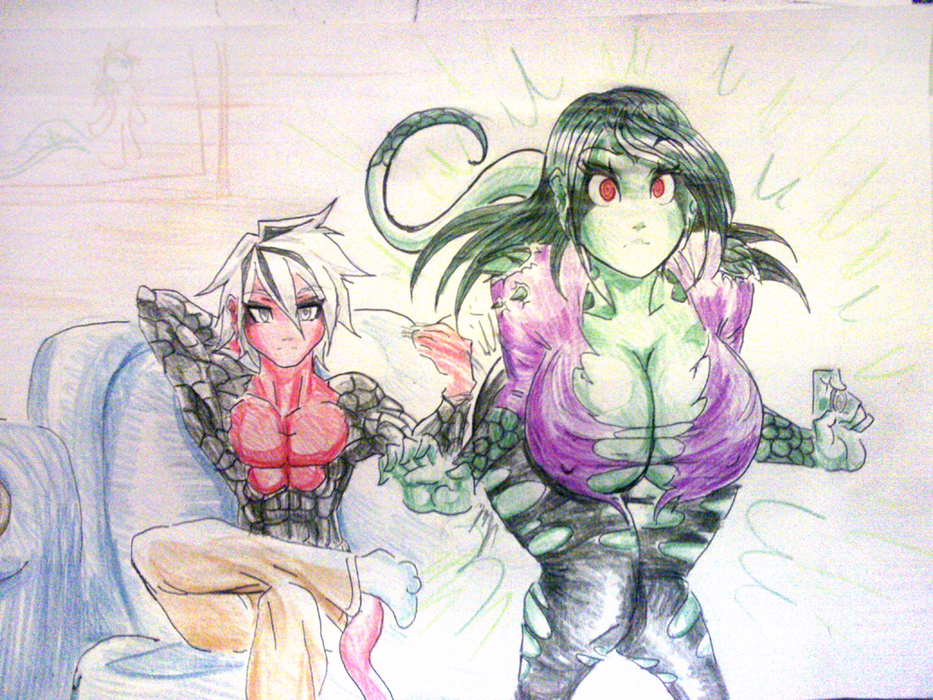 abs black_scales cleavage clothed clothing coin female green_hair green_scales grey_eyes hair half-dressed humanoid large_boobs leshawk male plain_background red_eyes reptile scales scalie sitting topless torn_clothing traditional_media_(artwork) two_tone_hair white_background white_hair