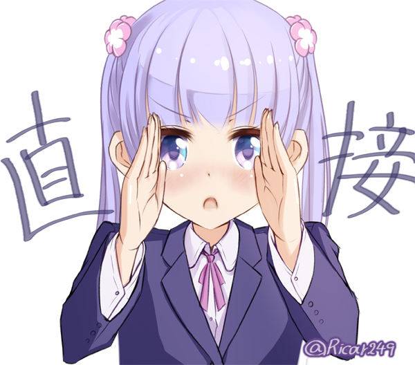 bad_id bad_pixiv_id blush cowengium dot_nose flower formal hair_flower hair_ornament hand_up iwata_satoru long_hair long_sleeves looking_at_viewer neck_ribbon new_game! open_hands open_mouth parody purple_eyes purple_hair ribbon simple_background solo suit suzukaze_aoba translation_request twintails twitter_username white_background