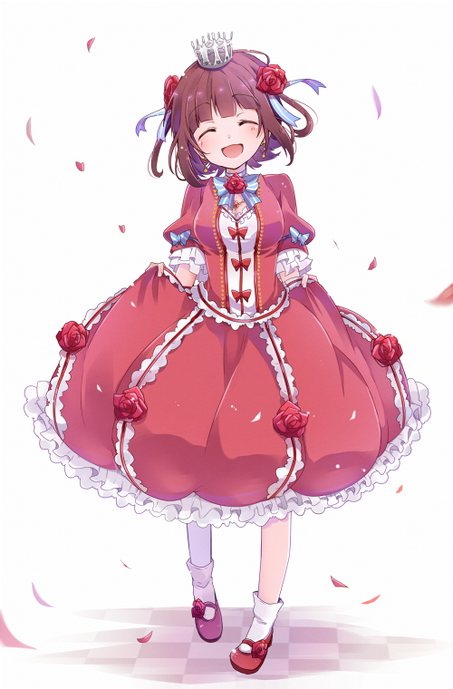 ^_^ amami_haruka bad_id bad_pixiv_id brown_hair closed_eyes crown dress flower hair_flower hair_ornament idolmaster idolmaster_(classic) mary_janes open_mouth petals rose shoes skirt_hold smile solo sxupxdxxy