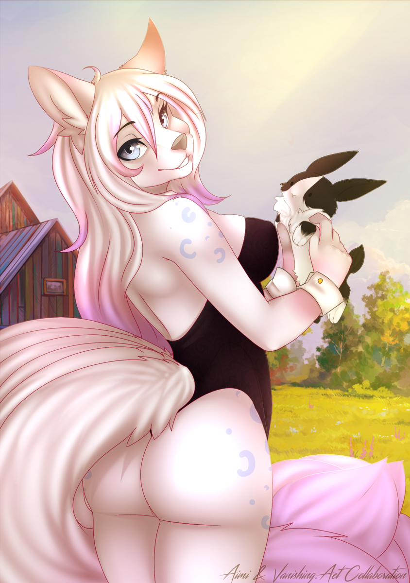2015 aimi anthro butt canine corset female feral fox lagomorph looking_at_viewer mammal rabbit shiro_(shirowretched) smile solo
