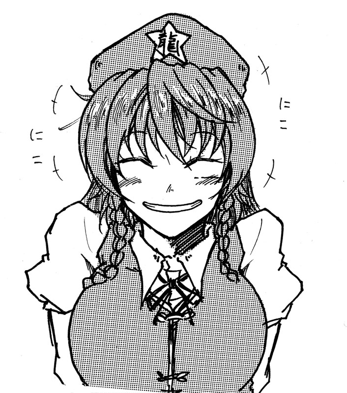 arms_at_sides beret braid chinese_clothes close-up closed_eyes facing_viewer greyscale grin hat hong_meiling koyubi_(littlefinger1988) long_hair monochrome puffy_short_sleeves puffy_sleeves short_sleeves smile solo touhou twin_braids upper_body