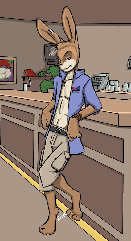 bar clothed clothing come_hither_look ear_clip ein_(artist) inside lagomorph leaning male mammal nepomuk_(character) open_shirt rabbit shirt solo stated_homosexuality wristband