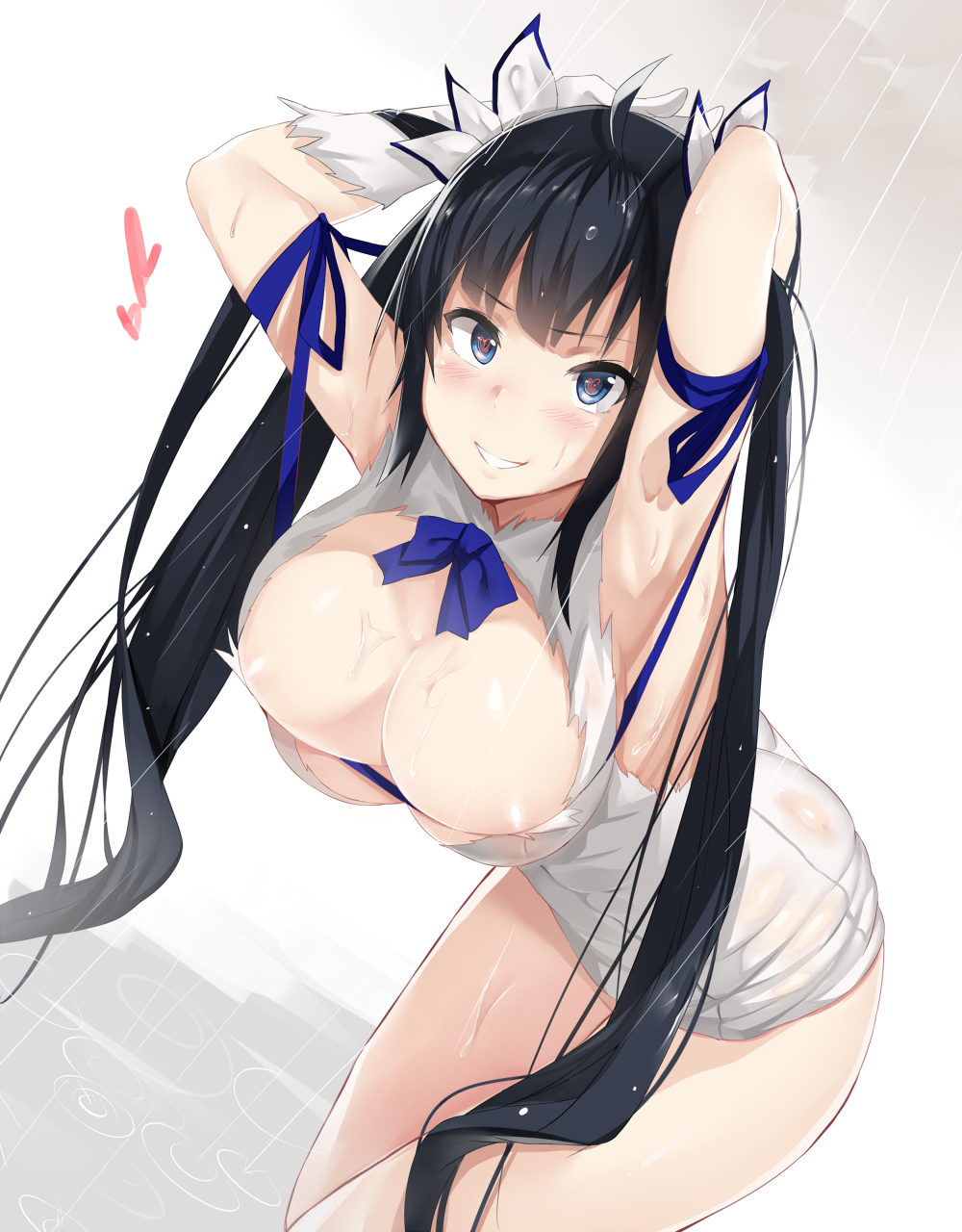 areola_slip areolae armpits arms_behind_head arms_up bent_over black_hair blue_eyes blue_ribbon blush breasts cleavage dungeon_ni_deai_wo_motomeru_no_wa_machigatteiru_darou_ka dutch_angle gloves hanging_breasts heart heart-shaped_pupils hestia_(danmachi) hews_hack highres huge_breasts long_hair looking_at_viewer rain raised_eyebrow rei_no_himo ribbon smile solo symbol-shaped_pupils thighs twintails very_long_hair wet wet_clothes white_gloves