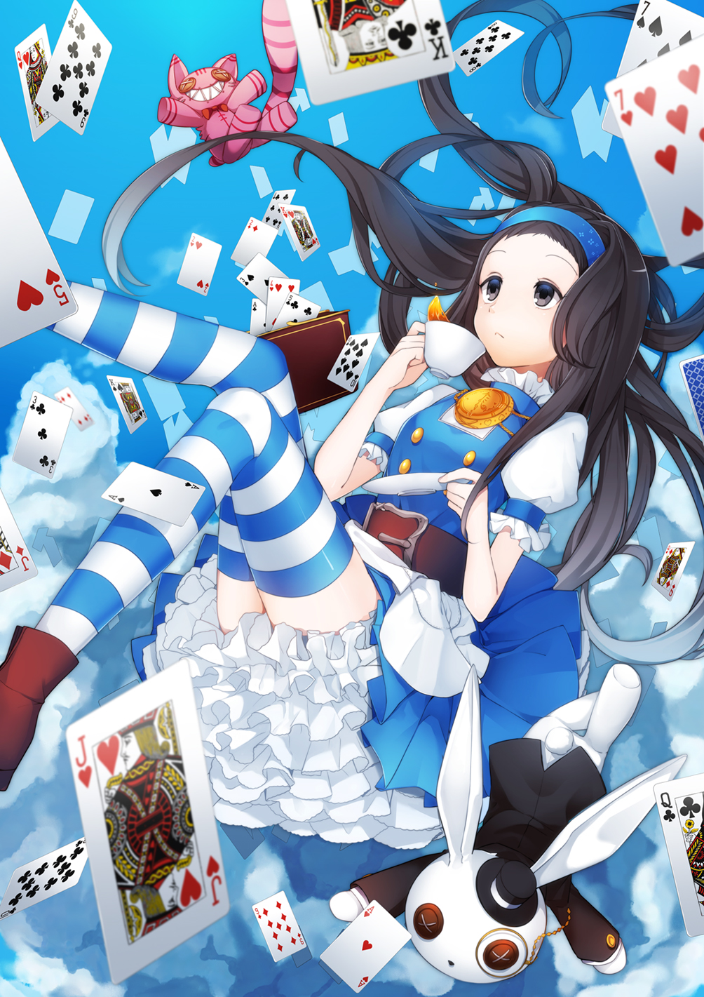 alice_(wonderland) alice_in_wonderland belt black_eyes black_hair card cheshire_cat cloud cup falling frills hairband hat highres juugonichi_(wheeliex2) long_hair original playing_card pocket_watch striped striped_legwear stuffed_animal stuffed_bunny stuffed_cat stuffed_toy tea teacup thighhighs top_hat watch white_rabbit