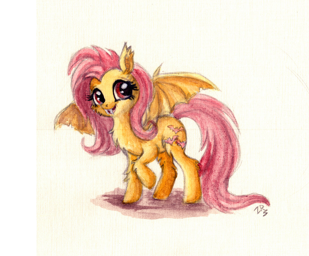 bat_pony bat_wings chest_tuft cutie_mark equine fangs fluttershy_(mlp) friendship_is_magic fur hair looking_at_viewer mammal my_little_pony pegasus pink_hair pink_tail plain_background red_eyes traditional_media_(artwork) tuft wings yellow_fur zarielcharoitite