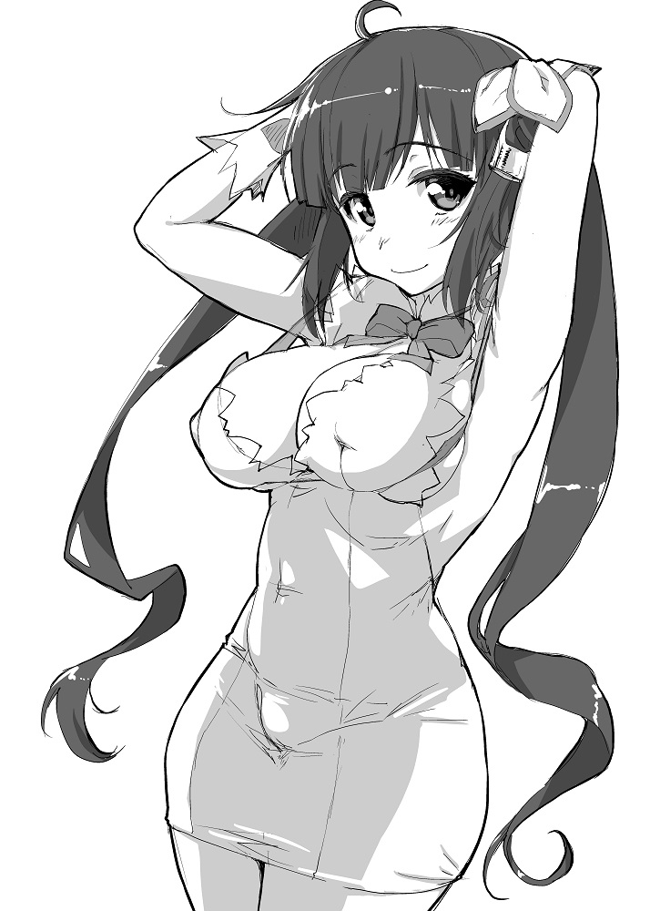 breasts cleavage dress dungeon_ni_deai_wo_motomeru_no_wa_machigatteiru_darou_ka greyscale hestia_(danmachi) large_breasts long_hair monochrome rei_no_himo ribbon solo twintails yamaguchi_homupe