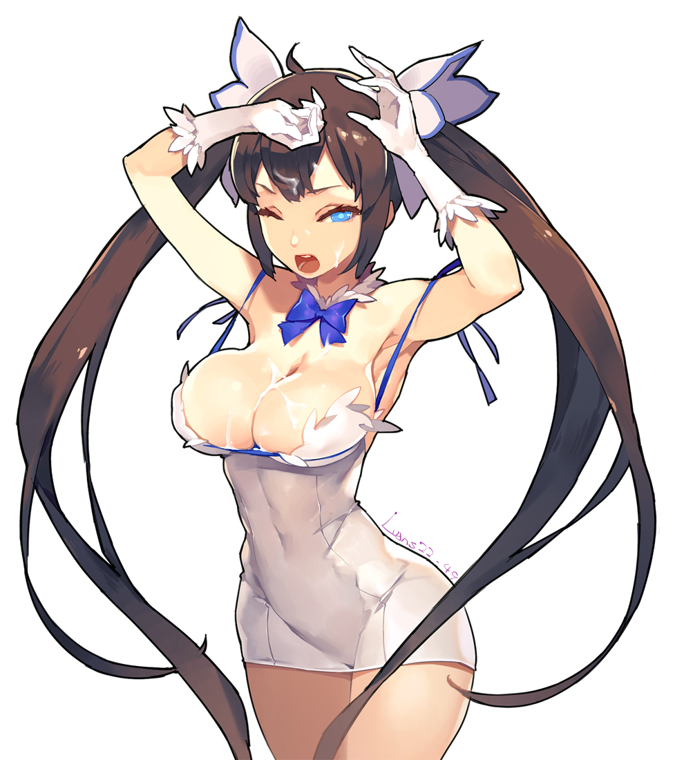 ahoge armpits arms_up blue_ribbon breasts brown_hair cleavage commentary_request cum cum_on_body cum_on_breasts cum_on_upper_body dress dungeon_ni_deai_wo_motomeru_no_wa_machigatteiru_darou_ka gloves hestia_(danmachi) large_breasts long_hair looking_at_viewer lvans rei_no_himo ribbon simple_background solo twintails very_long_hair white_background white_dress white_gloves
