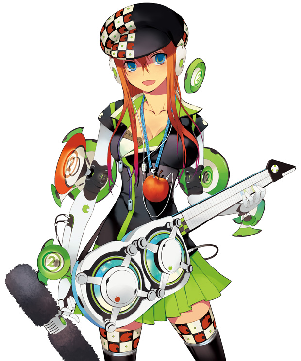 apple apple_inc. bad_id bad_pixiv_id blue_eyes food food_as_clothes food_themed_clothes fruit guitar hat headphones instrument long_hair ninomoto orange_hair original personification product_girl skirt solo thighhighs