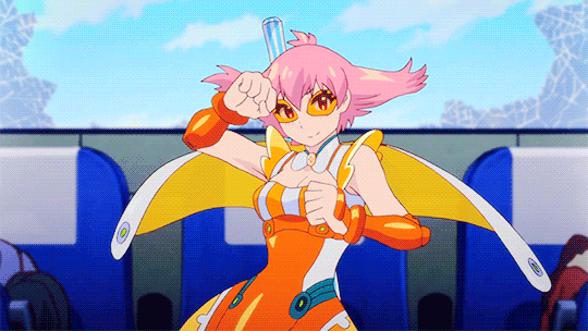 1girl animated animated_gif arm arms bracelet breasts cape cleavage cleavage_cutout detached_sleeves dress female heart heart_hands jewelry looking_at_viewer magical_girl narugino_mikatan outstretched_arm pink_hair pointing pose posing punchline red_eyes short_hair sleeveless smile solo strange_juice striped striped_clothes sunglasses talking visor wink