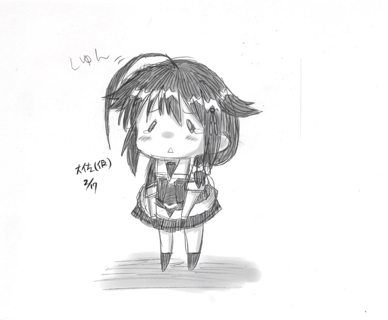 ahoge chibi dated gloves greyscale hair_flaps kantai_collection monochrome necktie pleated_skirt school_uniform serafuku shigure_(kantai_collection) signature sketch skirt solo taisa_(kari) tears triangle_mouth