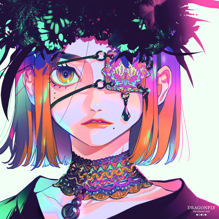1girl akiakane bob_cut collar eyepatch gradient_hair grey_background hair_ornament jewelry looking_at_viewer mole mole_under_eye multicolored multicolored_eyes multicolored_hair necklace original parted_lips portrait purple_hair red_eyes red_hair short_hair simple_background solo watermark
