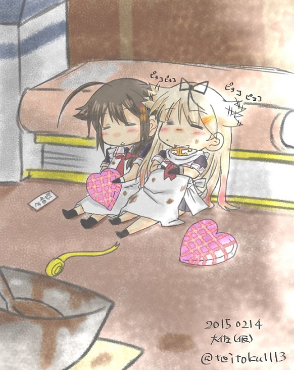 ahoge apron blonde_hair bowl braid brown_hair chibi chocolate chocolate_heart dated expressive_hair gloves hair_flaps hair_ornament hair_ribbon hairclip heart kantai_collection minigirl multiple_girls necktie remodel_(kantai_collection) ribbon shigure_(kantai_collection) signature single_braid sleeping taisa_(kari) twitter_username valentine yuudachi_(kantai_collection)