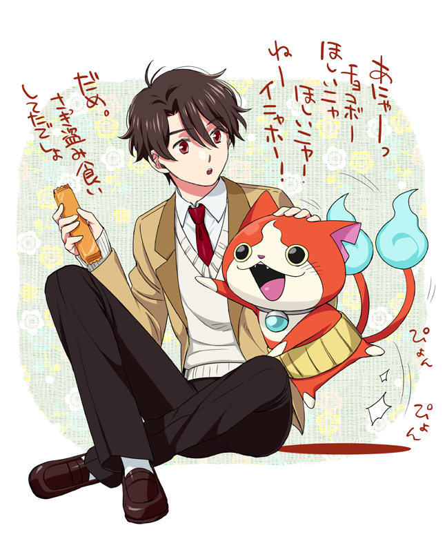 aldnoah.zero ar_(rikuesuto) blue_fire brown_eyes brown_hair cat crossover fire haramaki jibanyan kaizuka_inaho multiple_tails notched_ear tail tail-tip_fire translation_request two_tails youkai youkai_watch