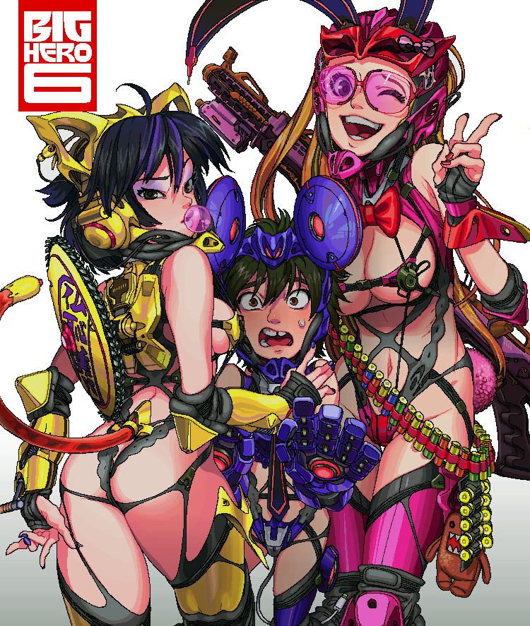 2girls adapted_costume ass big_hero_6 black_eyes black_hair breasts brown_eyes brown_hair bubble_blowing character_doll chewing_gum cleavage domo-kun fingerless_gloves girl_sandwich gloves goggles gogo_tomago gun hiro_hamada honey_lemon hoshi_kubi large_breasts long_hair looking_at_viewer multiple_girls nail_polish nippon_housou_kyoukai open_mouth purple_nails revealing_clothes sandwiched short_hair sweatdrop tail weapon