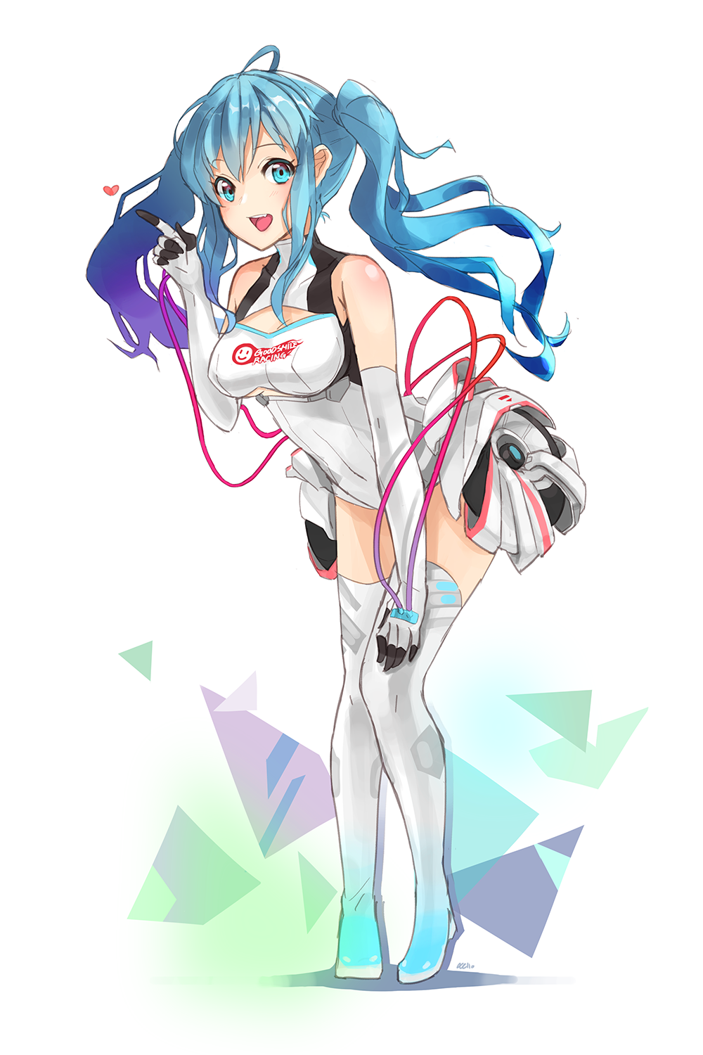 boots elbow_gloves full_body gloves goodsmile_company goodsmile_racing hatsune_miku highres leaning_forward long_hair looking_at_viewer nellen open_mouth race_queen racing_miku racing_miku_(2014) solo thigh_boots thighhighs twintails vocaloid white_footwear white_legwear