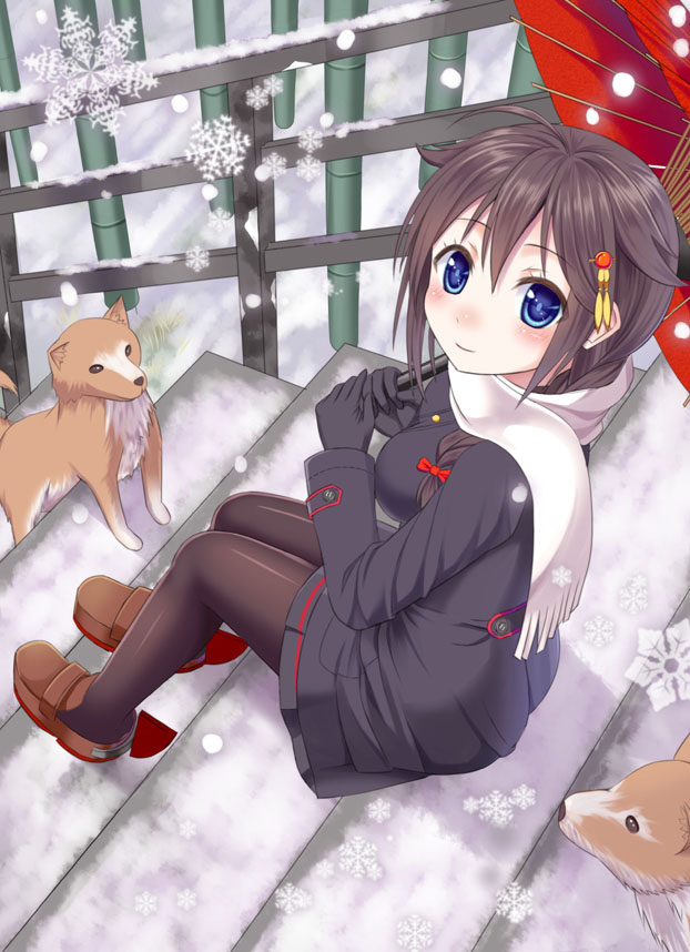 black_hair blue_eyes braid dog gloves hair_between_eyes hair_ornament hair_over_shoulder hairclip kantai_collection pantyhose revision scarf shigure_(kantai_collection) single_braid snow snowflakes snowing solo tsukino_neru