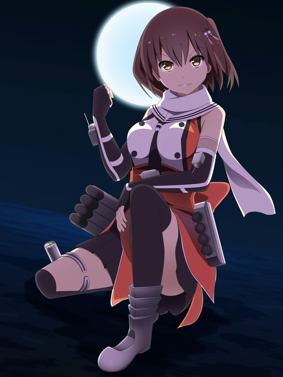 bad_id bad_pixiv_id bangs bare_shoulders black_gloves black_neckwear black_skirt brown_eyes brown_hair clenched_hand elbow_gloves fingerless_gloves full_moon gloves hair_ornament highres kantai_collection looking_at_viewer machinery moon neckerchief night night_sky obi pleated_skirt remodel_(kantai_collection) sailor_collar sash scarf school_uniform sendai_(kantai_collection) serafuku shirt skirt sky sleeveless sleeveless_shirt smile solo two_side_up white_scarf yakitori_(oni)