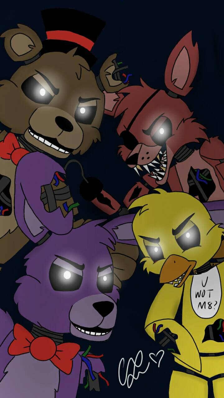 animatronic avian bear bird bonnie_(fnaf) bow_tie canine cecexmm chica_(fnaf) chicken eye_patch eyewear female five_nights_at_freddy's fox foxy_(fnaf) freddy_(fnaf) glowing glowing_eyes hat lagomorph machine male mammal mechanical rabbit robot top_hat