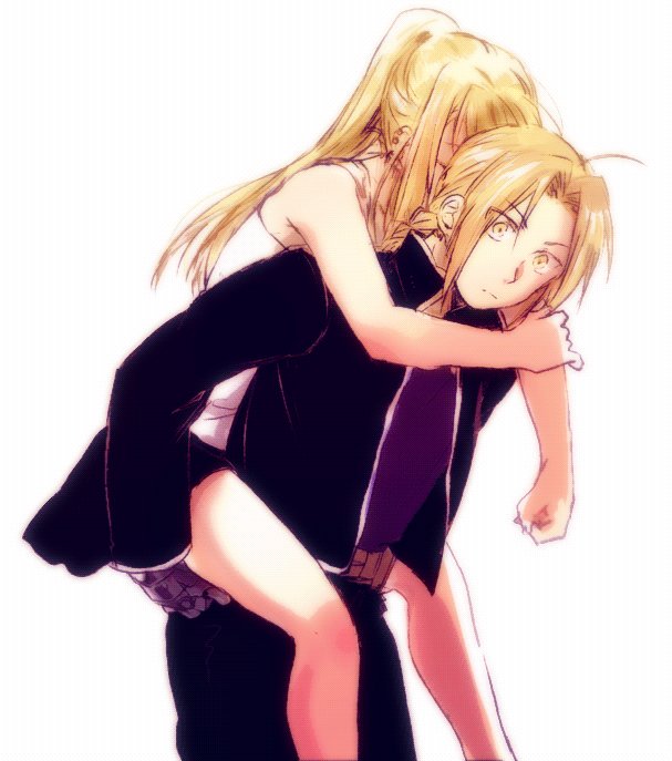 1boy 1girl antenna_hair arms_around_neck automail bare_arms bare_legs belt black_jacket black_shirt blonde_hair carrying edward_elric expressionless eyebrows_visible_through_hair eyes_closed fullmetal_alchemist head_tilt jacket long_hair looking_away pants piggyback ponytail shirt simple_background skirt sleeveless sleeveless_shirt standing thigh_grab tsukuda0310 upper_body white_background white_shirt wide-eyed winry_rockbell yellow_eyes