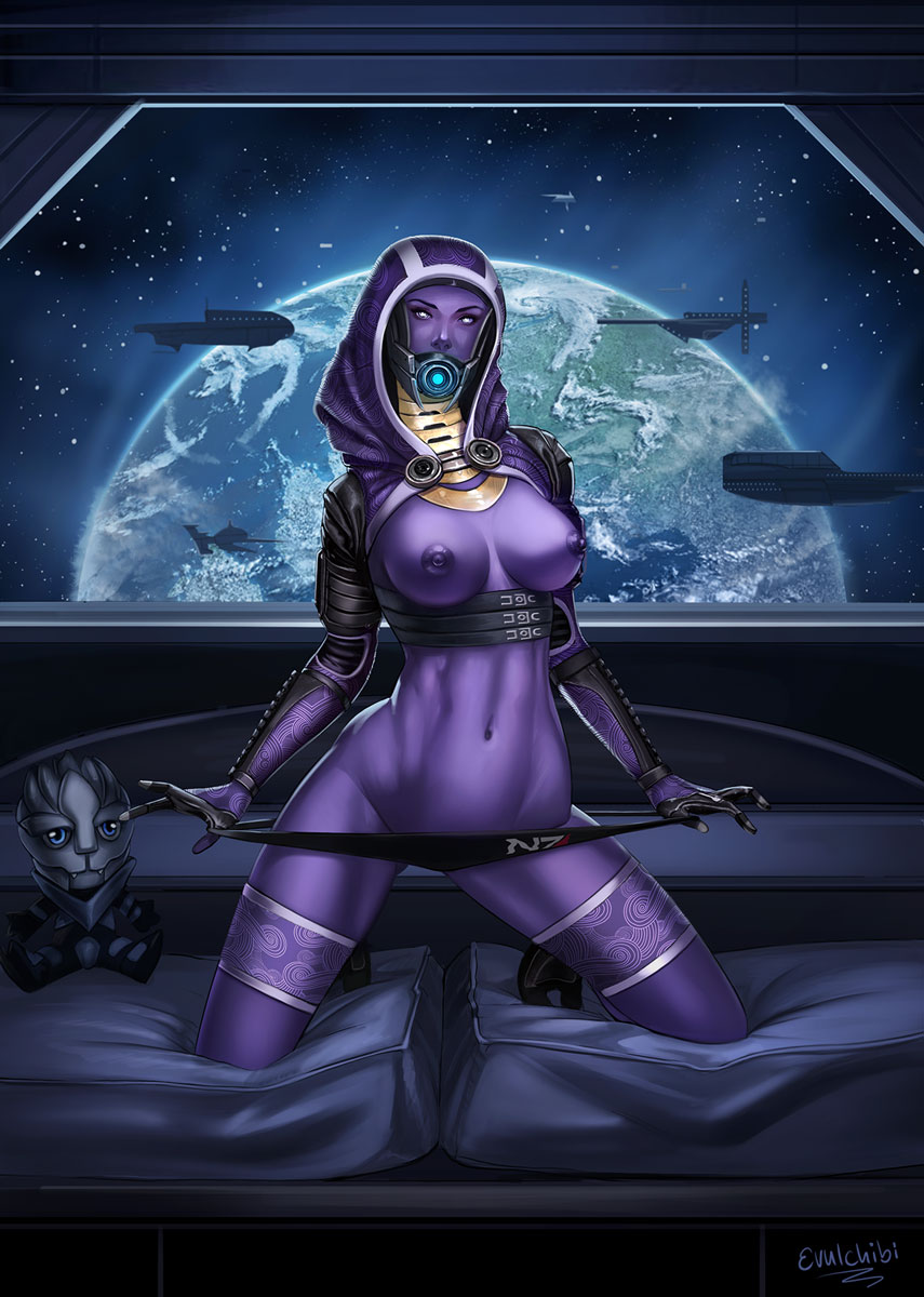 alien breasts clothed clothing evulchibi female garrus_vakarian helmet hood humanoid mask mass_effect navel nipples panties plushie pose purple_nipples purple_skin quarian skimpy solo space star tali'zorah_nar_rayya underwear video_games white_eyes