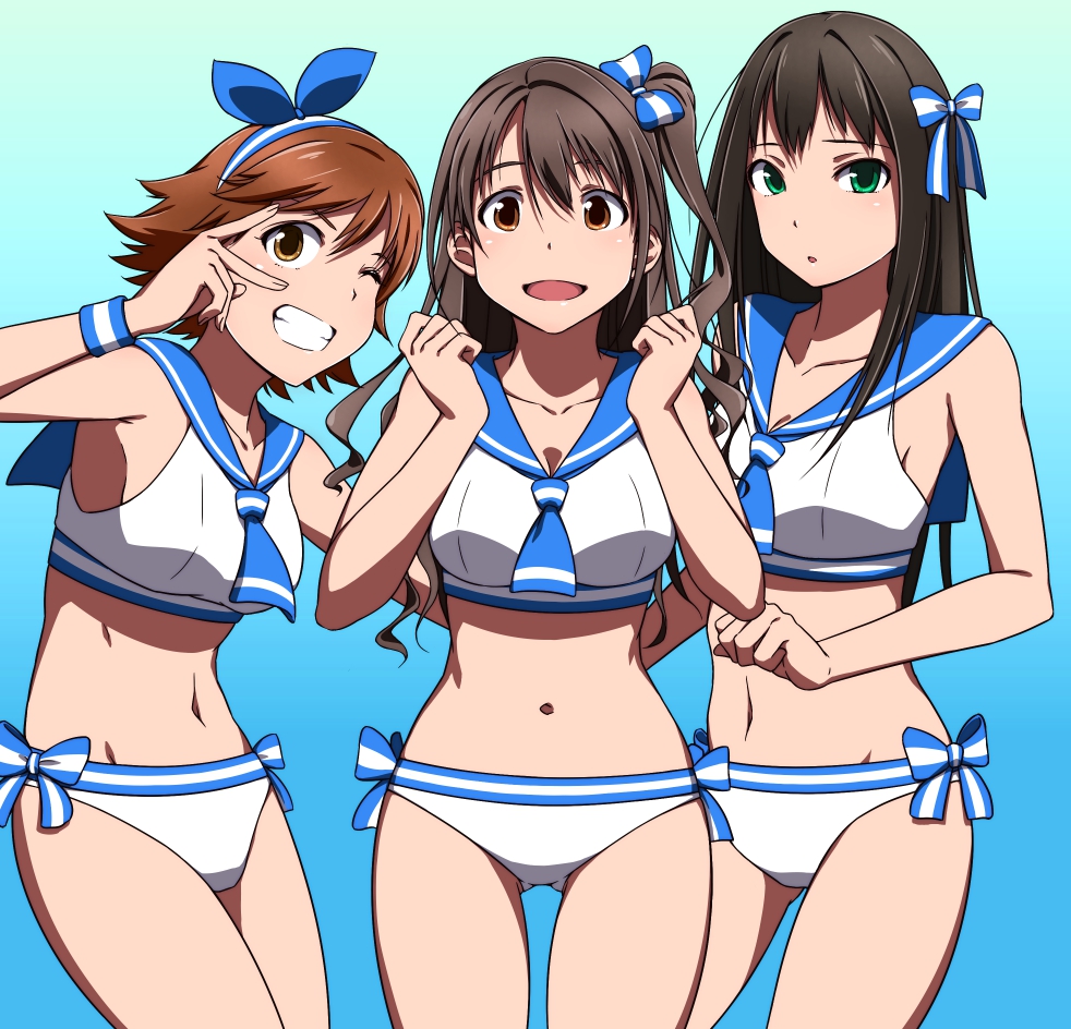 :o bikini black_hair blue_background breasts brown_eyes brown_hair cleavage girl_sandwich gradient gradient_background green_eyes honda_mio idolmaster idolmaster_cinderella_girls long_hair medium_breasts midriff multiple_girls navel new_generations one_eye_closed open_mouth puge sailor_bikini sailor_collar sailor_swimsuit_(idolmaster) sandwiched shibuya_rin shimamura_uzuki short_hair swimsuit