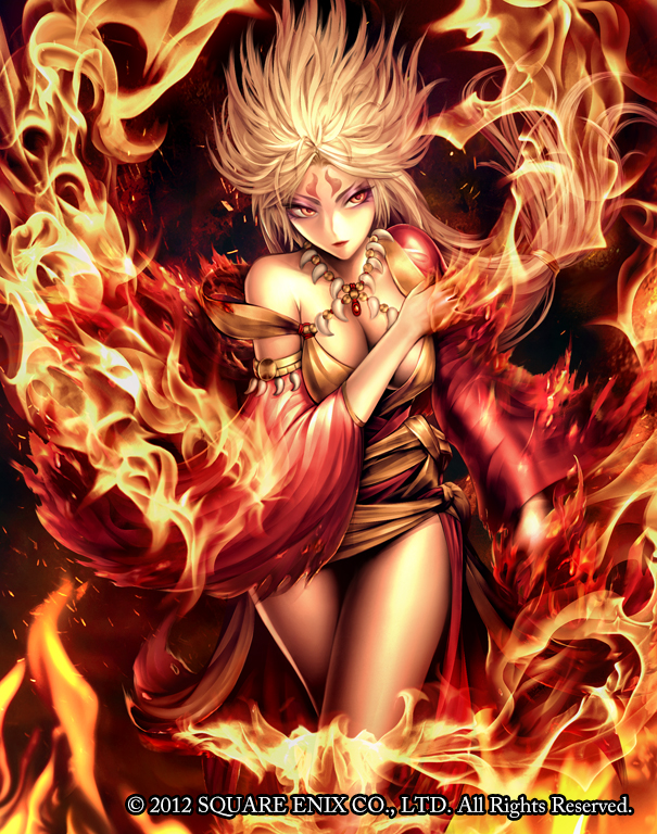 2012 blonde_hair breasts cleavage facial_mark fire forehead_mark guardian_cross large_breasts long_hair official_art orange_eyes raypass red solo spiked_hair square_enix