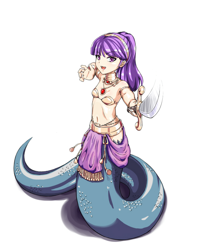 armband armor bikini_armor btraphen choker fangs fighting_stance full_body guardian_cross jewelry lamia long_hair looking_at_viewer monster_girl navel pendant pointing_sword ponytail purple_eyes purple_hair scales shadow simple_background solo sword weapon white_background