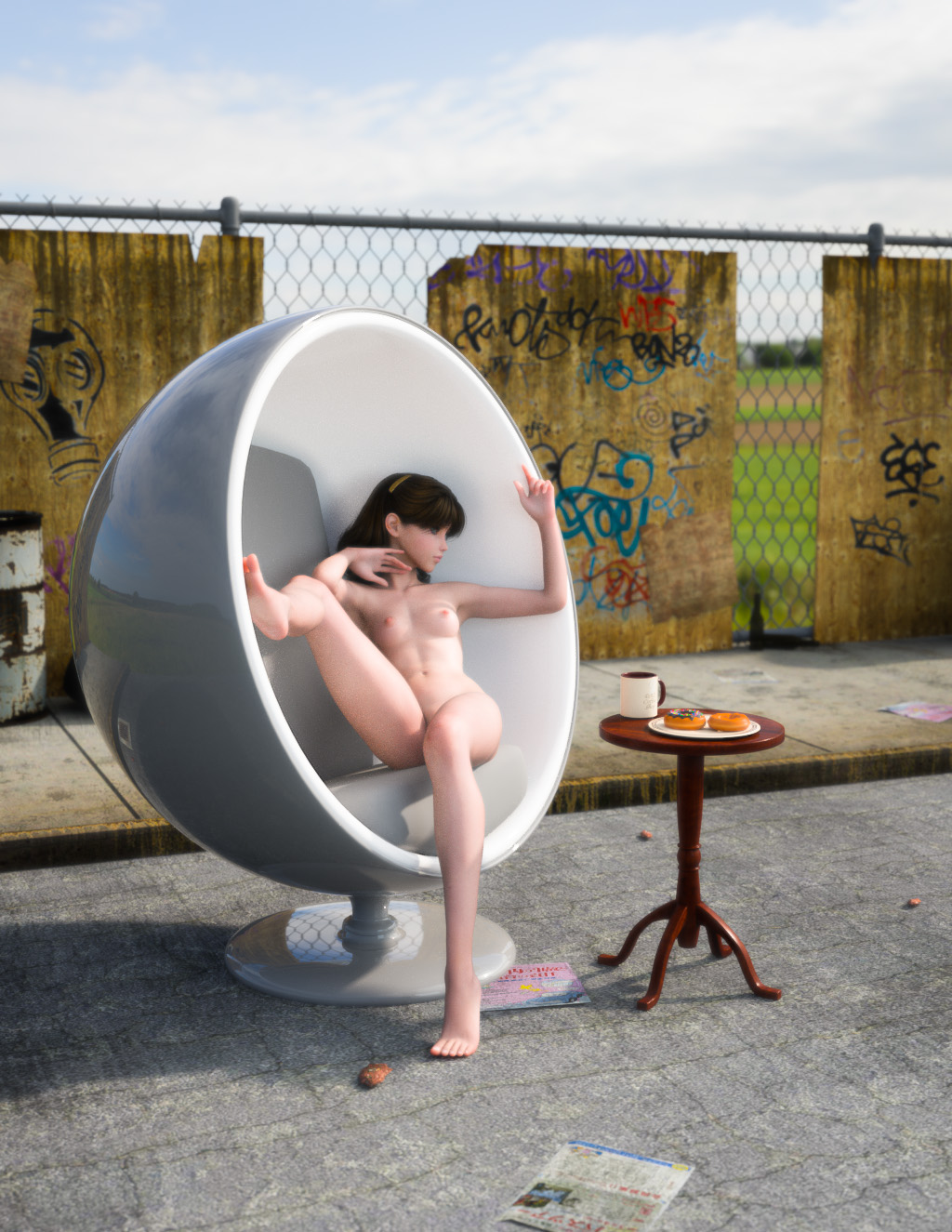 3d armchair breasts chain-link_fence chair commentary_request cup doughnut drum_(container) egg_chair fence food graffiti hairband highres mug navel nipples nude original plate public_nudity road sitting small_breasts solo table toufu_(tofusan)