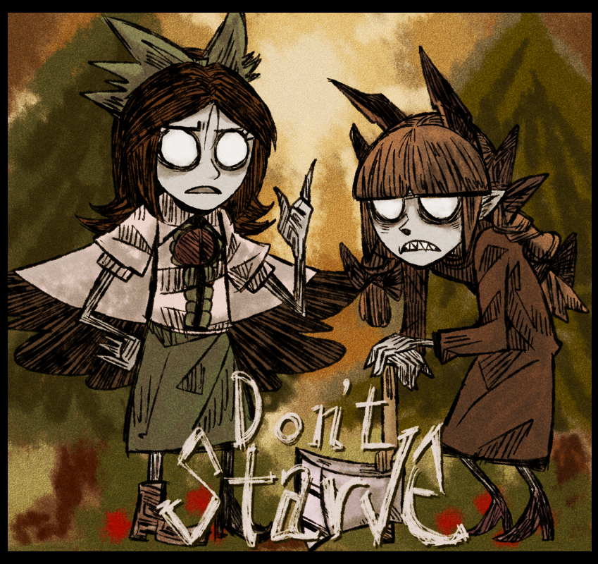 2girls animal_ears bow braid brown_hair cape cat_ears clenched_teeth don't_starve don't_starve hair_bow hand_on_hip kaenbyou_rin long_hair mismatched_footwear multiple_girls no_pupils open_mouth parody pointing pointing_up red_eyes red_hair reiuji_utsuho sharp_teeth short_hair skirt style_parody suenari_(peace) teeth third_eye touhou twin_braids wings