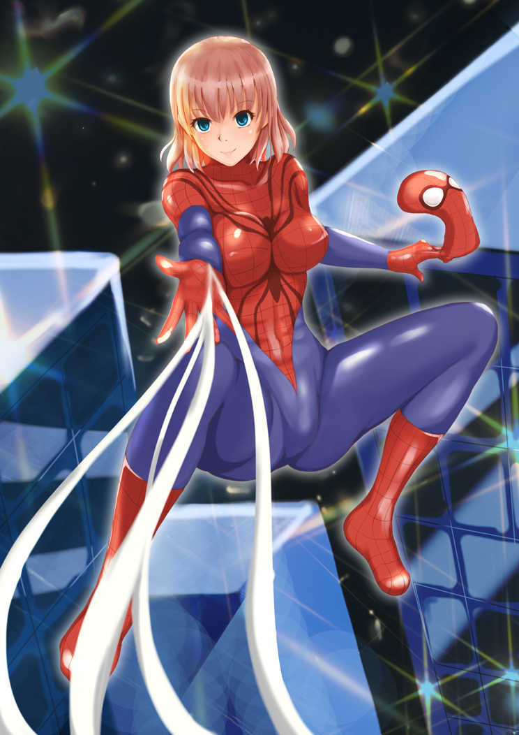 1girl blonde_hair blue_eyes bodysuit brown_hair clothed_navel collarbone marvel mask mask_removed norte red_hair smile solo spider-girl spider-man_(series)