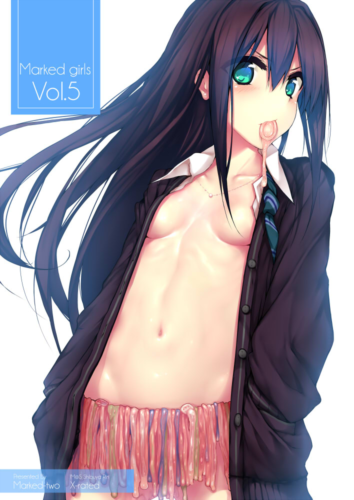 aqua_eyes black_hair blush breasts cardigan collarbone collared_shirt condom condom_belt condom_in_mouth cover cover_page cowboy_shot doujin_cover dress_shirt earrings eyes_visible_through_hair green_eyes green_neckwear hair_between_eyes hair_over_one_eye hands_in_pockets idolmaster idolmaster_cinderella_girls jewelry long_hair long_sleeves looking_at_viewer mouth_hold multiple_condoms navel necklace necktie no_bra open_cardigan open_clothes open_shirt shibuya_rin shirt sidelocks simple_background small_breasts solo standing stomach suga_hideo unbuttoned used_condom white_background white_shirt