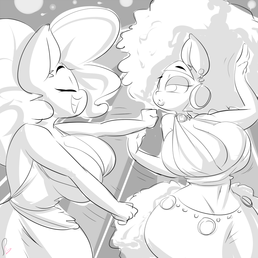 2015 afro anthro anthrofied big_breasts breasts cleavage clothed clothing dancing dress duo ear_piercing earth_pony equine eyes_closed fan_character female flash_candy friendship_is_magic greyscale hair half-closed_eyes horse huge_breasts long_hair mammal monochrome my_little_pony navel piercing pinkie_pie_(mlp) pony sanders