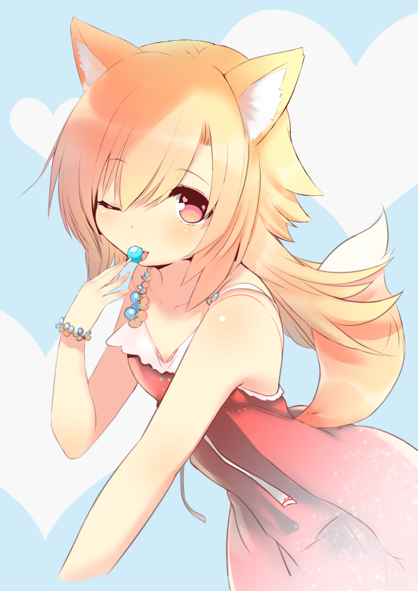 animal_ear_fluff animal_ears blonde_hair blue_background bracelet candy cropped dress food fox_ears fox_tail futaba_akane heart heart_background jewelry licking lollipop long_hair looking_at_viewer naomi_(sekai_no_hate_no_kissaten) one_eye_closed original pink_eyes solo tail tongue tongue_out