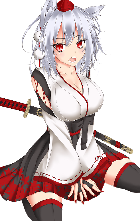 animal_ears black_legwear breasts bridal_gauntlets detached_sleeves fingernails gmot hat inubashiri_momiji katana large_breasts looking_at_viewer nail_polish open_mouth pleated_skirt red_eyes red_nails ribbon-trimmed_sleeves ribbon_trim sharp_fingernails sheath sheathed silver_hair simple_background sitting skirt smile solo sword tail thighhighs tokin_hat touhou v_arms wariza weapon white_background wolf_ears wolf_tail