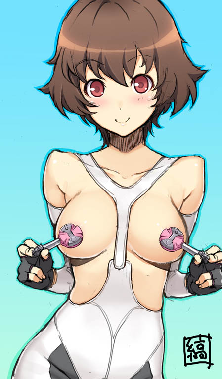 black_gloves blush brown_hair collarbone covering_nipples detached_sleeves fingerless_gloves gloves gradient gradient_background looking_at_viewer original outline red_eyes revealing_clothes shima_udon short_hair smile solo sportswear